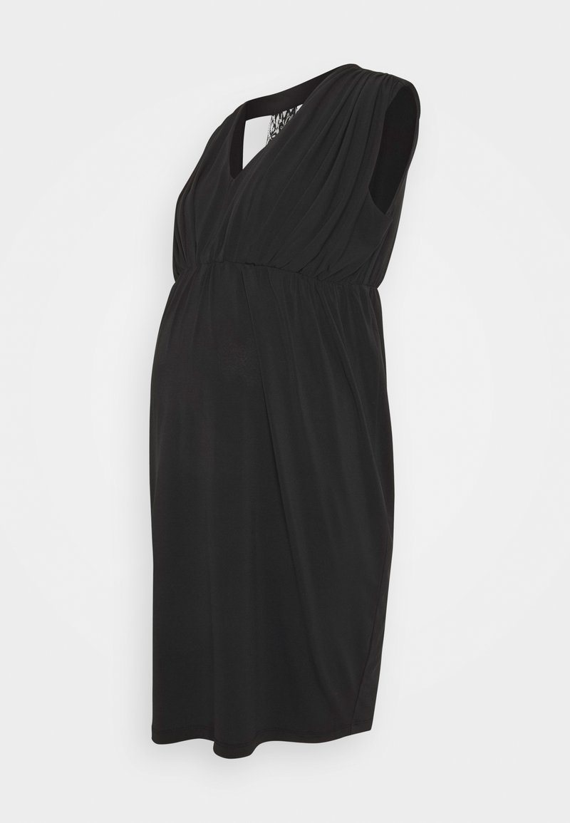 Sleeveless black maternity dress with a draped design, V-neckline, and gathered texture at the waist for comfort and fit.