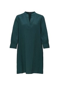 Cyanefarbenes Kleid mit lockerer Passform, Dreiviertelärmeln, V-Ausschnitt und einem strukturierten Streifenmuster. Hergestellt aus leichtem Stoff.