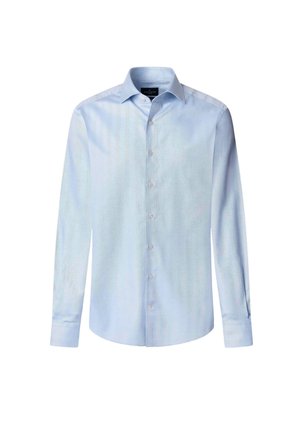 Light blue long-sleeve shirt made of smooth fabric, featuring a button front, classic collar, and subtle vertical pattern.