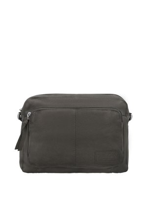 Dunkelgraue Leder-Umhängetasche mit Frontreißverschlusstasche und verstellbarem Riemen, rechteckige Form mit glatter Textur und dezenten Nähten.