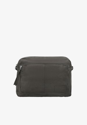 Dunkelgraue Leder-Umhängetasche mit Frontreißverschlusstasche und verstellbarem Riemen, rechteckige Form mit glatter Textur und dezenten Nähten.