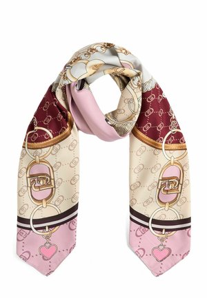 Foulard di seta con un design a motivo di catene e accessori in rosa, bordeaux e crema, rifinito con estremità appuntite.