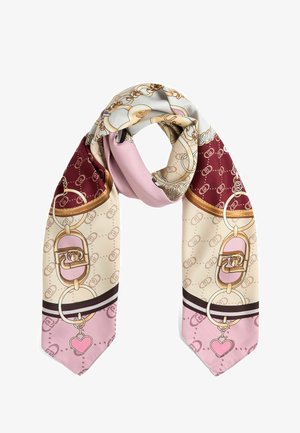 Bufanda de seda con un diseño estampado de cadenas y accesorios en tonos rosa, burdeos y crema, con extremos en punta.