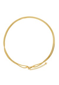 Collier en métal de couleur dorée avec un design lisse et flexible. Il présente plusieurs brins, avec un fermoir à boucle et une chaîne extensible réglable.