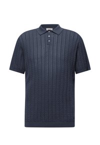 Polo en maille bleu marine à manches courtes avec motif torsadé, patte de boutonnage à trois boutons, poignets et ourlet côtelés.