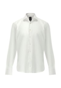 Weißes Langarmhemd aus glattem Stoff, mit spitzem Kragen und durchgehender Knopfleiste mit hellen Knöpfen sowie leicht abgerundetem Saum.