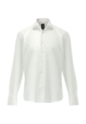 Weißes Langarmhemd aus glattem Stoff, mit spitzem Kragen und durchgehender Knopfleiste mit hellen Knöpfen sowie leicht abgerundetem Saum.