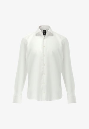 Weißes Langarmhemd aus glattem Stoff, mit spitzem Kragen und durchgehender Knopfleiste mit hellen Knöpfen sowie leicht abgerundetem Saum.