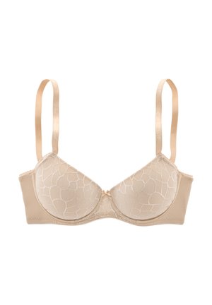 Beige bra with padded cups and lace overlay featuring a geometric pattern. Adjustable satin straps and a small center bow accent.