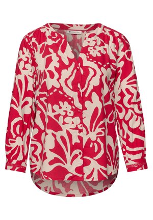 Rote und weiße Bluse mit Blumenmuster, langen Ärmeln, rundem Ausschnitt, durchgehender Knopfleiste und leicht geschwungenem Saum.