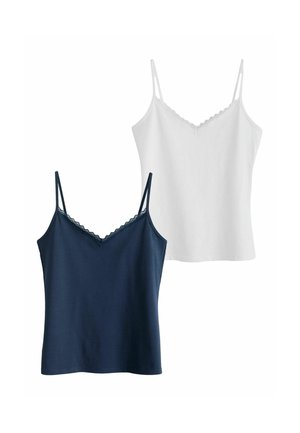 Deux camisoles sans manches bordées de dentelle, une bleu marine et une blanche, présentées sur fond blanc.