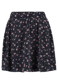 Jupe noire avec un motif floral comportant de petites fleurs roses et des accents blancs. Tissu léger et taille élastique pour le confort.