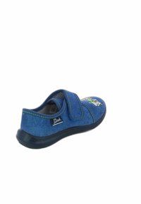 Blauer Leinenschuh mit Klettverschluss, mit einem Cartoon-Graphic auf der Zehenpartie und grüner Naht. Weiche Sohle und abgerundetes Design für Komfort.