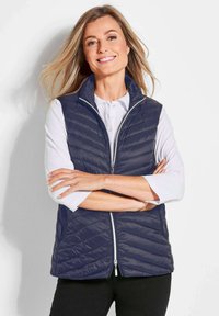 Dunkelblauer steppierter Weste mit Stehkragen und durchgehendem Reißverschluss, über einem weißen Langarmshirt getragen, mit horizontalen Nahtdetails.