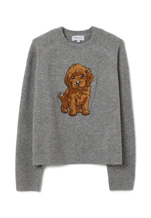 Suéter gris de punto con escote redondo, que presenta un diseño bordado de un cachorro marrón en la parte delantera. Puños y dobladillo acanalados.