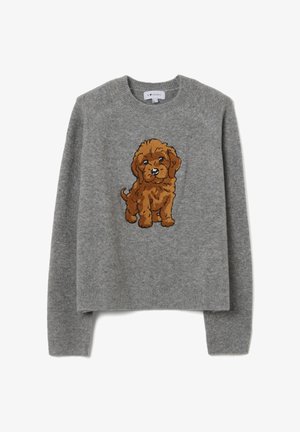 Suéter gris de punto con escote redondo, que presenta un diseño bordado de un cachorro marrón en la parte delantera. Puños y dobladillo acanalados.