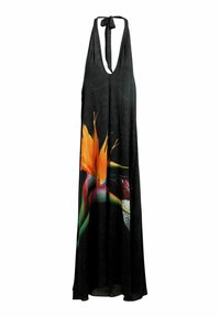 Black halter maxi dress featuring a deep V-neckline, floral print with vibrant orange and green details, and a lightweight, flowing fabric.