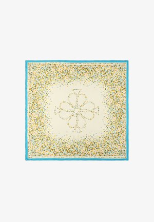Foulard carré avec bordure bleue, fond crème et motif de petits points multicolores formant un dessin floral symétrique au centre.