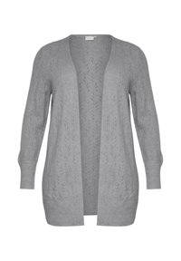 Grauer gestrickter Cardigan mit langen Ärmeln, offenem Vorderteil, strukturiertem Blattmuster und geripptem Saum sowie Manschetten. Weicher, leichter Stoff.
