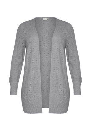 Gray knitted cardigan with long sleeves, open front, textured pattern of leaves, and ribbed hem and cuffs. Soft, lightweight fabric.