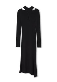 Robe midi noire à manches longues avec ourlet asymétrique, col montant et ouverture en forme de goutte sous le col.