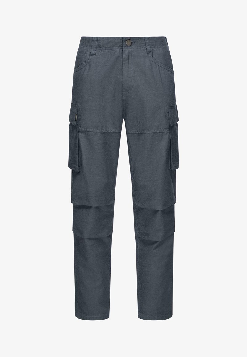 Mörkgrå cargo-byxor i vävt tyg, med flera sidofickor, rak ben-design och knappstängning i midjan.