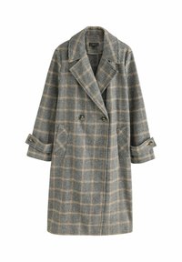 Langer, zweireihiger Karottenmantel mit breiten Revers, knöpfbaren Manschetten und vorderen Taschen in Beige-, Schwarz- und Grautönen.