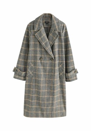 Long double-breasted plaid coat with wide lapels, buttoned cuffs, and front pockets in beige, black, and gray tones.