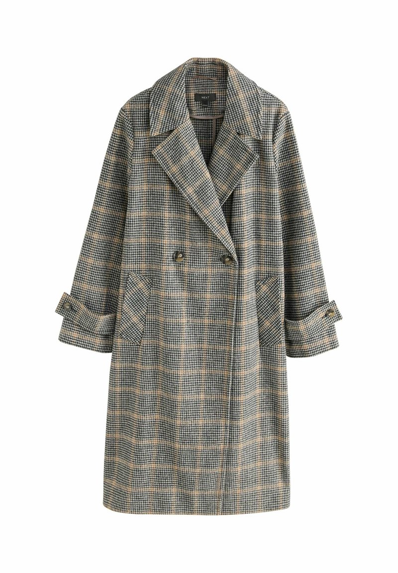 Langer, zweireihiger Karottenmantel mit breiten Revers, knöpfbaren Manschetten und vorderen Taschen in Beige-, Schwarz- und Grautönen.