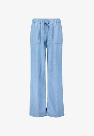 Lyseblå denim bredbenede bukser med elastisk talje, snøre detaljer og to forlommer. Glat tekstur, afslappet design.