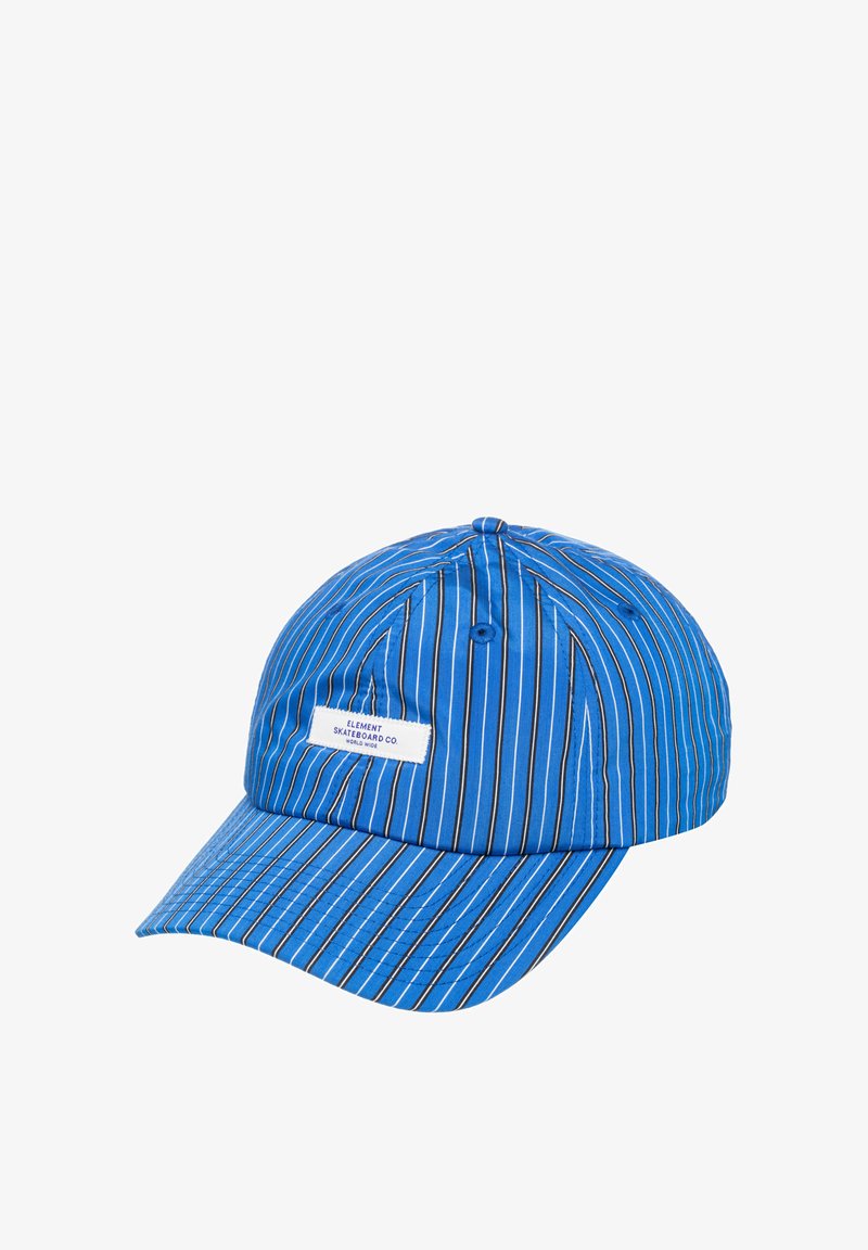 Blue striped cap made of fabric, featuring a curved visor and a white label with text. The stripes are vertical with contrasting thin lines.