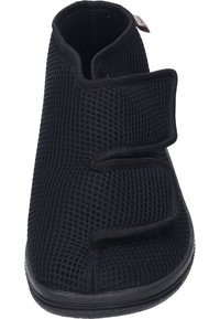 Black mesh slipper featuring a high-top design, Velcro straps for secure fit, and a textured sole for grip. Breathable material ensures comfort.