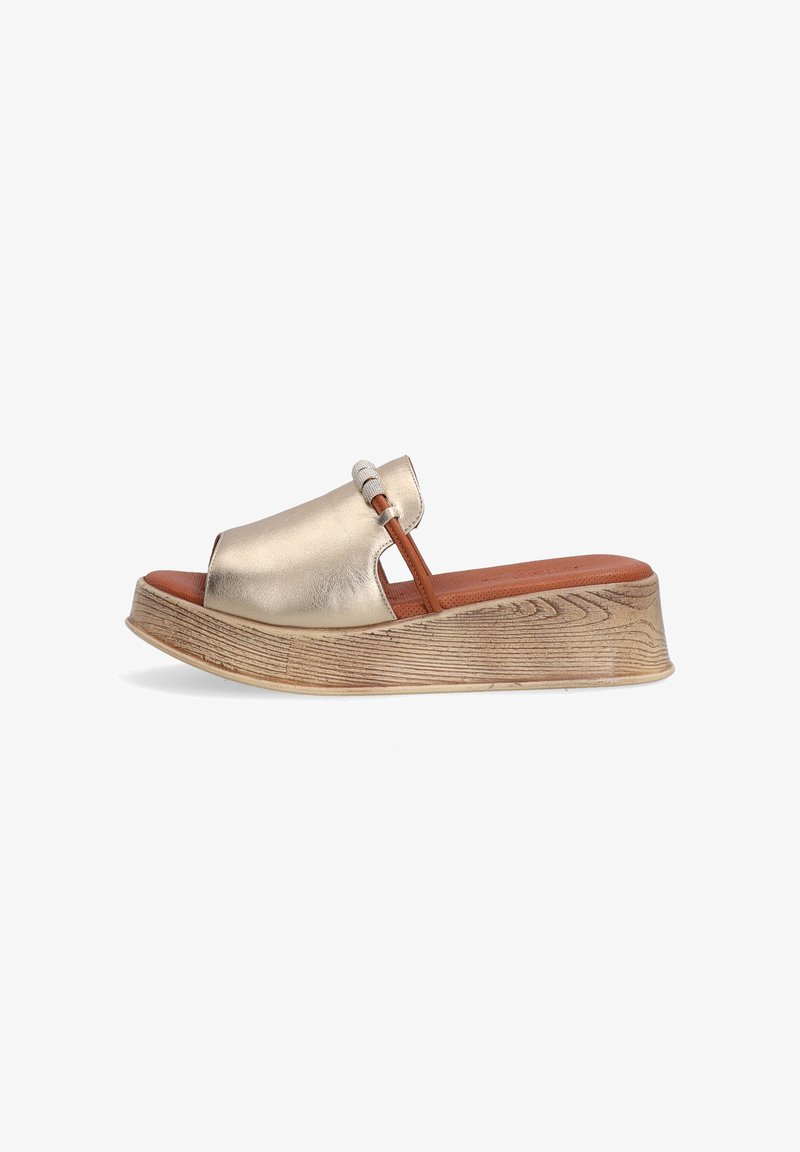Metallic gold leather slide sandal with an open toe, brown accent strap, and a textured, wood-grain platform sole.