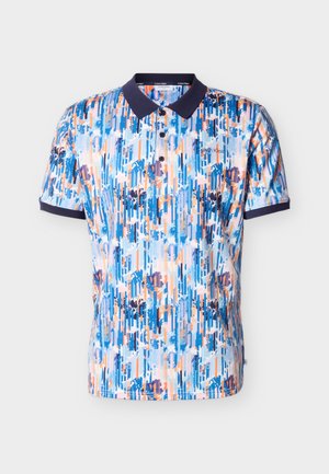 Pánské polo tričko s krátkým rukávem, tmavě modrým límečkem a manžetami, vícebarevný abstraktní květinový vzor v modré, oranžové a růžové barvě, logo Calvin Klein na hrudi.