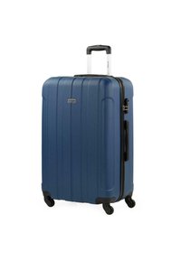 Maleta rígida azul con superficie estriada, asa retráctil y cuatro ruedas. Presenta un solo cierre y un asa de transporte lateral.