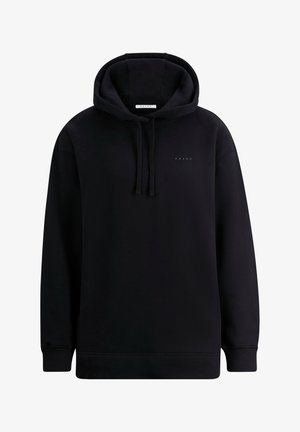 Zwarte hoodie van een zachte katoenen mix, met een voorzak in kangaroo-stijl, een capuchon met trekkoord en een subtiele merklijn op de borst.