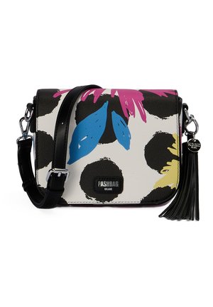 Piccola borsa a tracolla rettangolare con tracolla nera, motivo floreale colorato e cerchi neri, dettaglio nappina e logo Pashbag Milano.