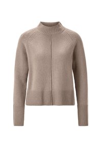 Maglione beige in maglia con collo alto, orlo e polsini a coste, con dettagli minimi lungo le spalle. Tessuto morbido, vestibilità rilassata.