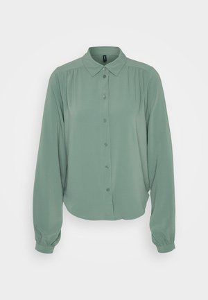 Light green, long-sleeve blouse with a button-down front, collar, gathered detailing at shoulders, and elasticized cuffs. Smooth fabric texture.