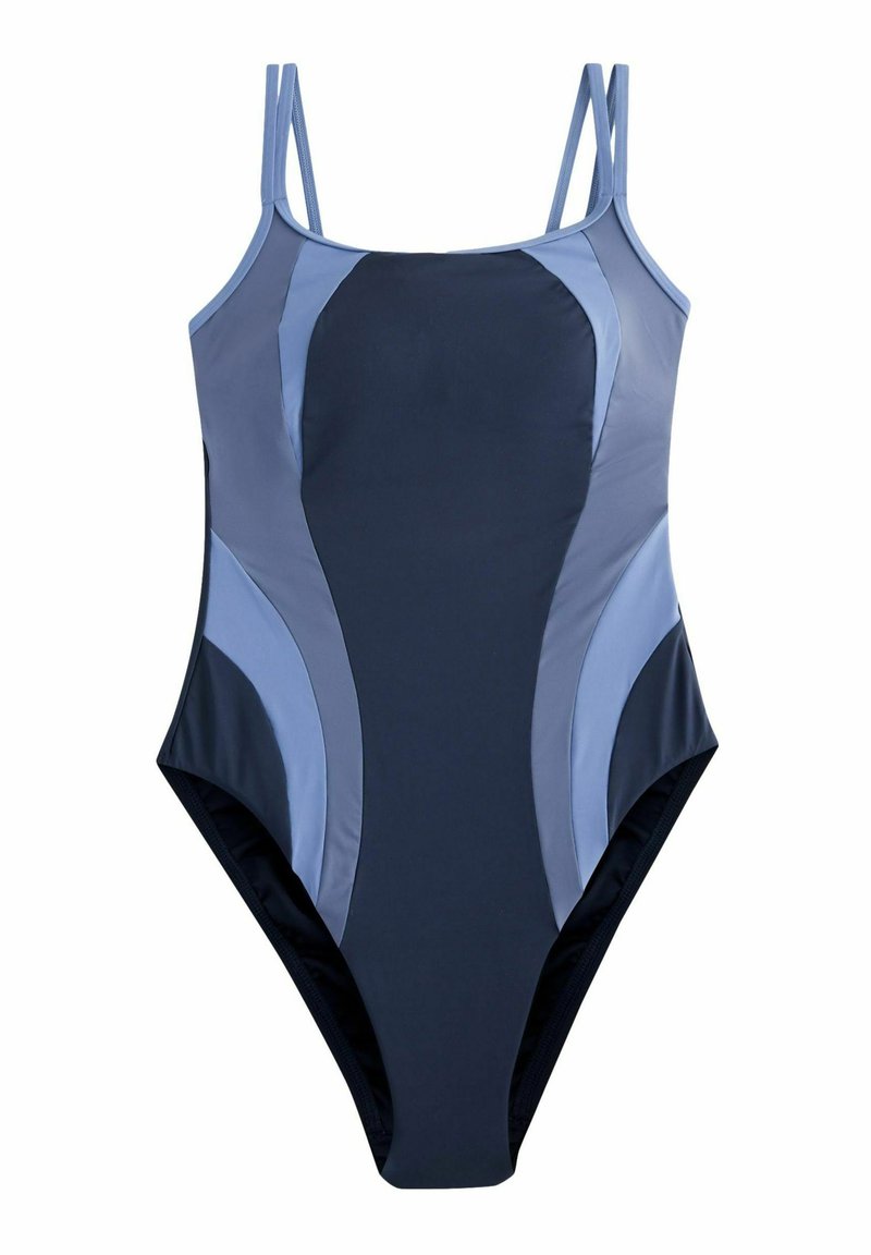 Badeanzug mit marineblauen und hellblauen Paneelen, dünnen Trägern, einer glatten Textur und einem eleganten Design mit hohem Beinausschnitt.