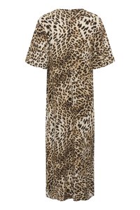 Haljina midi dužine s leopard uzorkom i kratkim rukavima, koja ima opušteni kroj, okrugli izrez i šav straga za dodatnu strukturu.