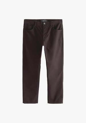 Pantaloni di cotone marrone scuro con gamba dritta, dotati di cinque tasche e chiusura con bottone. Texture liscia e colore uniforme in tutta la superficie.