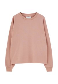 Sweat-shirt marron clair à manches longues et col rond avec poignets et ourlet côtelés, présenté à plat sur fond blanc.