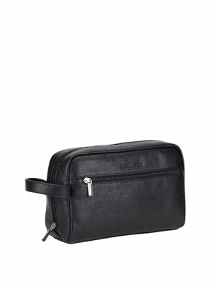 Trousse de toilette rectangulaire en cuir noir avec deux compartiments zippés et une poignée latérale.