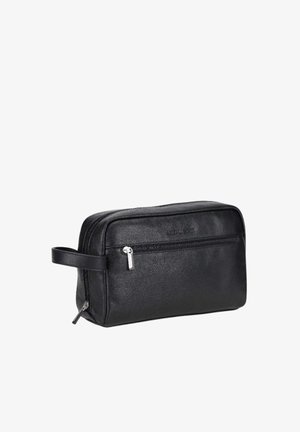 Trousse de toilette rectangulaire en cuir noir avec deux compartiments zippés et une poignée latérale.