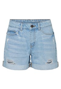 Helle blaue Denim-Shorts mit gewollten Distressed-Details, umgeschlagenen Säumen und Fronttaschen. Verfügt über einen klassischen Knopfverschluss und Gürtelschlaufen.