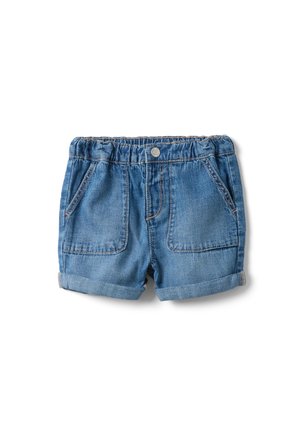 Pantalones cortos vaqueros azules para niños pequeños, con dobladillos enrollados, cintura elástica, bolsillos delanteros y cierre con botón a presión.