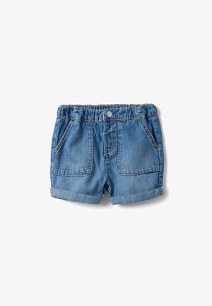 Pantalones cortos vaqueros azules para niños pequeños, con dobladillos enrollados, cintura elástica, bolsillos delanteros y cierre con botón a presión.
