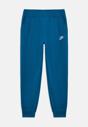Teal Nike-Sweatpants mit elastischem Bund, seitlichen Taschen und einem weißen Logo auf der Vorderseite. Glatter Stoff und schmal zulaufendes Bein.