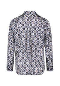 Camicia a maniche lunghe con un motivo geometrico nei colori blu, giallo e beige. Tessuto morbido, con colletto a bottone e dettaglio della spalla posteriore.
